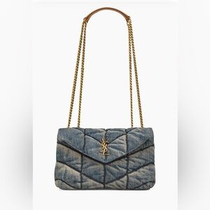 Yves Saint Laurent Medium Size Denim Quilted Shoulder Bag with Gold Chain